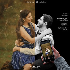 K&ouml;nnte beinhalten: Das Bild zeigt eine geteilte Ansicht: links ein Foto im Vintage-Stil eines Paares, rechts eine 3D-optimierte Version. Ein Telefon zeigt das Originalbild. Text enth&auml;lt "Unike Love" und Details zur Kontrastkorrektur und 3D-Optimierung.