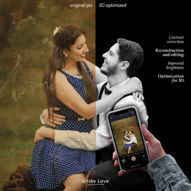 K&ouml;nnte beinhalten: Das Bild zeigt eine geteilte Ansicht: links ein Foto im Vintage-Stil eines Paares, rechts eine 3D-optimierte Version. Ein Telefon zeigt das Originalbild. Text enth&auml;lt "Unike Love" und Details zur Kontrastkorrektur und 3D-Optimierung.