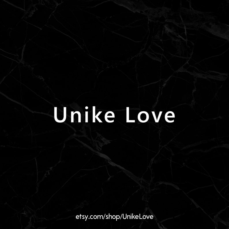 May include: Black marble background with the text "Unike Love" in white and the website address "etsy.com/shop/UnikeLove" in white.