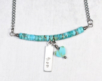 Personalized Turquoise Name Necklace, Turquoise heart necklace for her, Turquoise beaded necklace with pendant, Jewelry gift for valentine