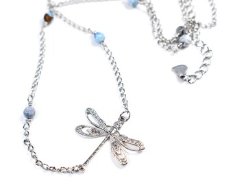 Handmade Dragonfly Necklace, Blue Agate, Sterling Silver Plated