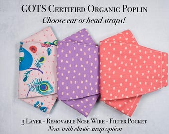 Origami Mask 3 Layer, Origami mask with nose wire, Organic cotton face mask breathable, Face mask with filter pocket, Pretty face mask