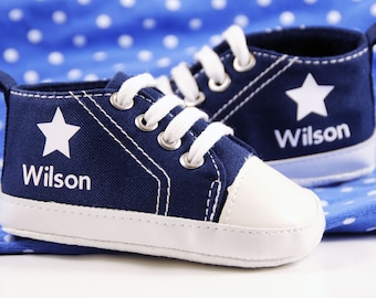 Personalized Blue Star High Top Baby Boy Shoes – Custom Baby Gift for Baby Showers, First Birthdays, Photo Shoots, & Milestone Moments