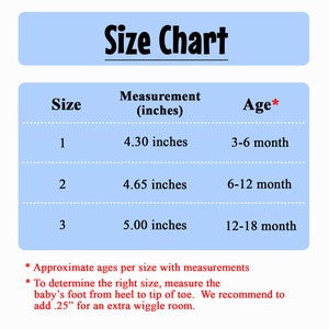 May include: A blue and white size chart for baby shoes with measurements in inches and corresponding age ranges in months. The chart shows sizes 1, 2, and 3 with corresponding foot measurements of 4.30 inches, 4.65 inches, and 5.00 inches. The chart also includes a note that the ages are approximate and recommends adding 0.25 inches for wiggle room.