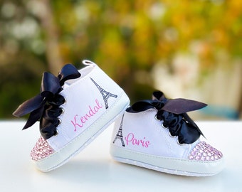 Paris Baby Shoes, Pink Princess Paris, First Birthday, Personalized Paris Theme