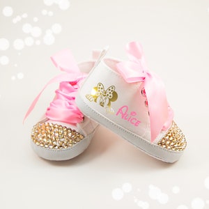 Minnie Mouse Baby Shoes, First Birthday, Baby Shower, Disney Minnie Mouse, Gold Minnie Baby Shoes, Personalized Baby Shoes, Pink Gold Minnie image 2