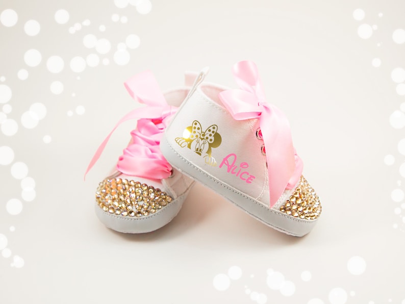 Minnie Mouse Baby Shoes, First Birthday, Baby Shower, Disney Minnie Mouse, Gold Minnie Baby Shoes, Personalized Baby Shoes, Pink Gold Minnie image 2