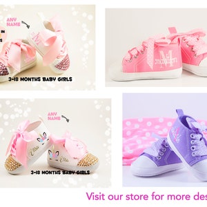 May include: Two pairs of pink and white baby shoes with pink bows and rhinestones. The shoes are personalized with the names "Ura" and "McDon".