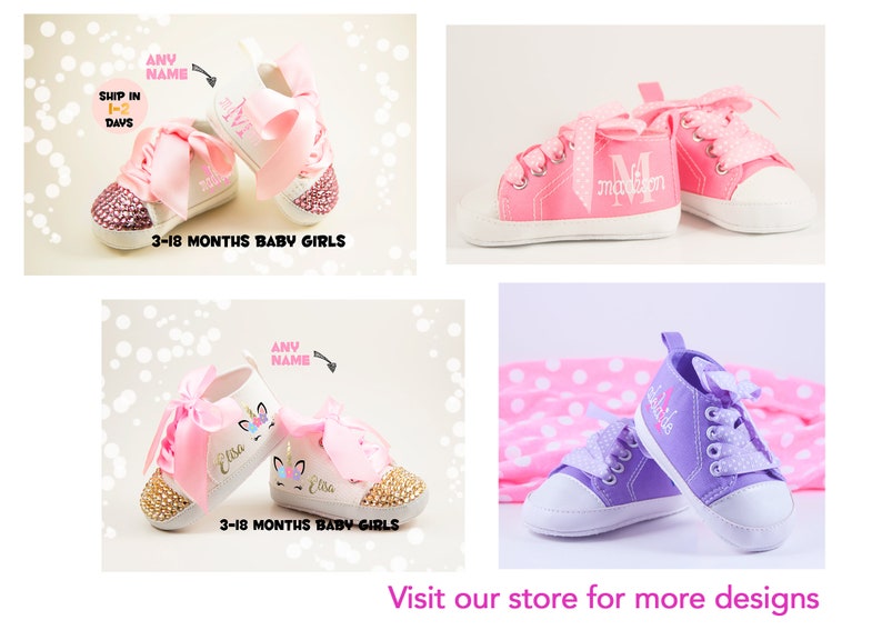 May include: Two pairs of pink and white baby shoes with pink bows and rhinestones. The shoes are personalized with the names "Ura" and "McDon".