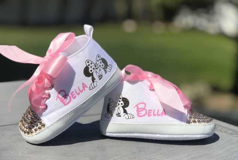 Minnie Mouse Baby Shoes, First Birthday, Baby Shower, Disney Minnie Mouse, Gold Minnie Baby Shoes, Personalized Baby Shoes, Pink Gold Minnie image 5