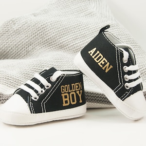 Personalized Golden Boy Baby Black Sneakers – Soft Sole Infant Shoes, Perfect Baby Gift for Showers, First Birthdays, and Milestone Moments