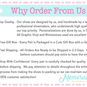 May include: A pink and blue graphic with the text "Why Order From Us" and a list of reasons to order from the seller. The reasons include: Top Quality, Free Gift Box, Fast Shipping, and Shop With Confidence. The graphic also includes a logo for "Memorable Baby Shoes for Little Ones".
