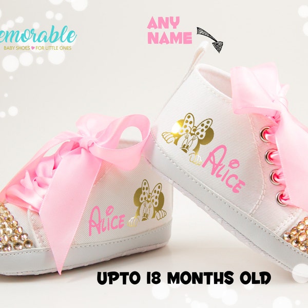 Minnie Mouse Baby Shoes, First Birthday, Baby Shower, Disney Minnie Mouse, Gold Minnie Baby Shoes, Personalized Baby Shoes, Pink Gold Minnie