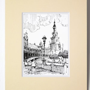 Sevilla originele inkttekening schetskunst. Zeer fijne tekeningen tekening, zwart-wit afbeelding, Home decor moderne kunst aan de muur. Spaanse stadstekeningen.