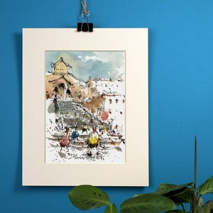 Amalfi, acquerello originale, schizzo urbano, acquerello da viaggio. Arte per la decorazione della casa.