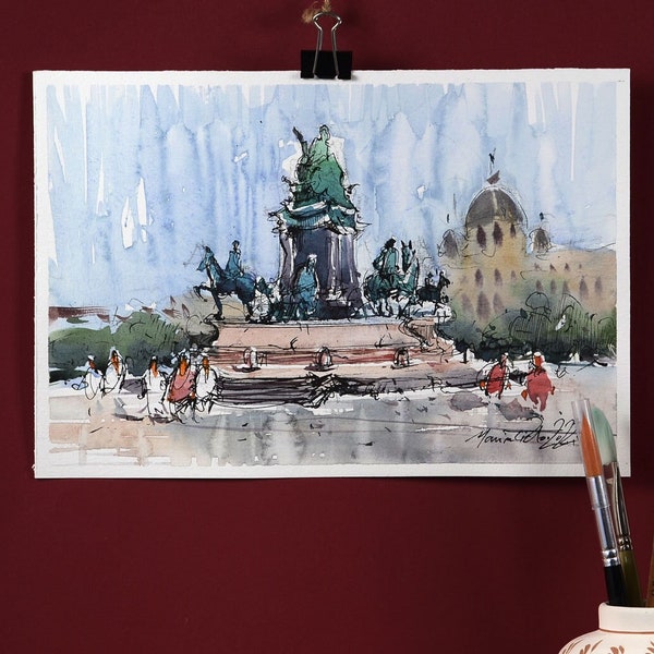 Peinture à l'encre et à l'aquarelle de croquis urbain de Vienne, art mural de décoration d'Autriche, peintures de carnet de croquis de voyage, oeuvre originale peinte à la main