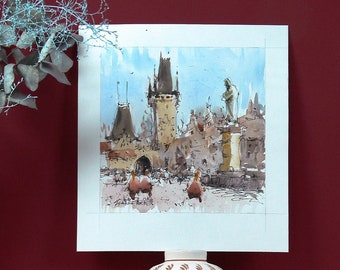 Prague-Original Ink and watercolor painting. Colorful Urban Sketch Art. Wall Art Home Decor.