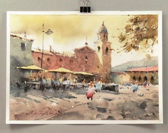 Italian Urban Watercolor Landscape Painting, Sirolo-Adriatic Coast. 10x14 inch Watercolor Painting. Wall Art Home Decor.