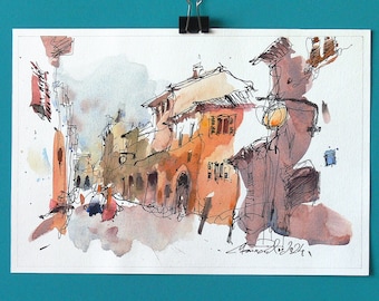 Colorful Ink and Watercolor Italian Urban Sketching Landscape. Aquarelle Art. Italan City Street  Sketchbook drawings