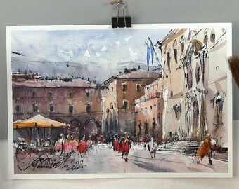 Uniek origineel inkt- en aquarelschetsschilderij van Ascoli Piceno, Italië. Italiaanse artistieke aquarel, huiscadeau, kunstdecoratie aan de muur.