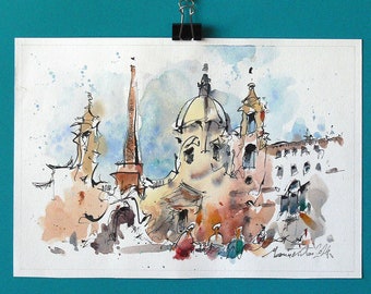 Paesaggio dell'acquerello di Roma Piazza Navona. Roma Urban Sketch acquerello astratto. Dipinti su carta di Roma.