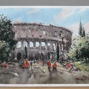 Colosseo dipinto ad acquerello originale, scena di paesaggio urbano di Roma. Decorazione murale per la casa.
