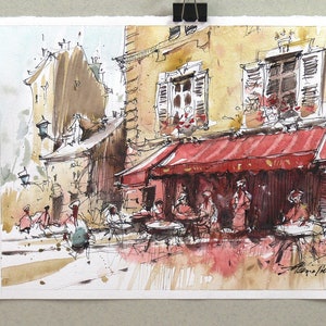 Schizzo urbano di Parigi, acquerello, scena di strada parigina, caffè. Inchiostro e acquerello originali su carta. Arte colorata ad acquerello.