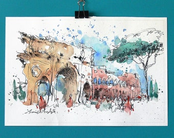 Paesaggio ad acquerello di Roma. Roma, Italia, inchiostro e acquerello Urban Sketch Art. Dipinti colorati di Roma.
