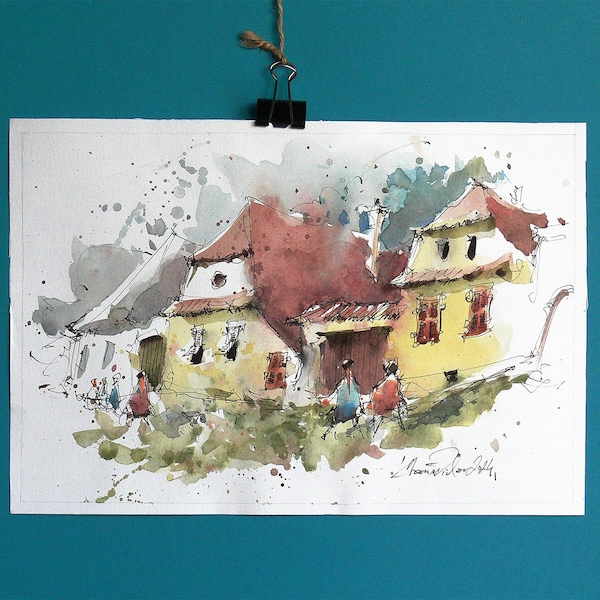 Transylvania, Watercolor painting of romanian rural landscape. Village and House portrait paintings. Watercolor art.
