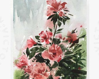 Azaleas Flower Watercolor Painting. Wall art home decor.