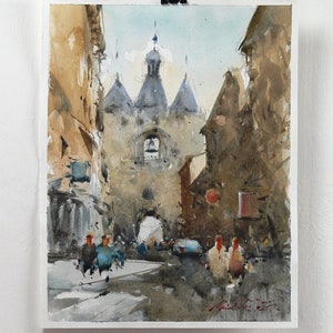 Dipinto ad acquerello della città di Bordeaux, La Porte Saint Eloi dipinto ad acquerello. Arte originale ad acquerello su carta.