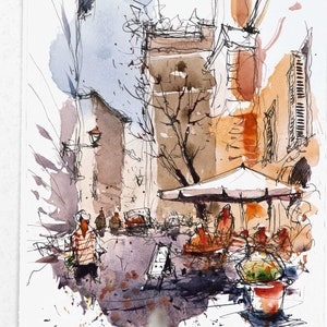 Paesaggio urbano di Trastevere, Roma. Acquerello, schizzo a inchiostro e acquerello. Acquarelli Urbani. Piccolo paesaggio urbano artistico e colorato di Roma.