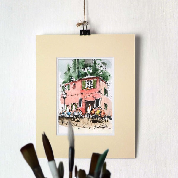 Paris, Montmartre Pink house cafe small art with ink and watercolor. Unique urban sketch watercolor painting. Parisian street scene cafe art