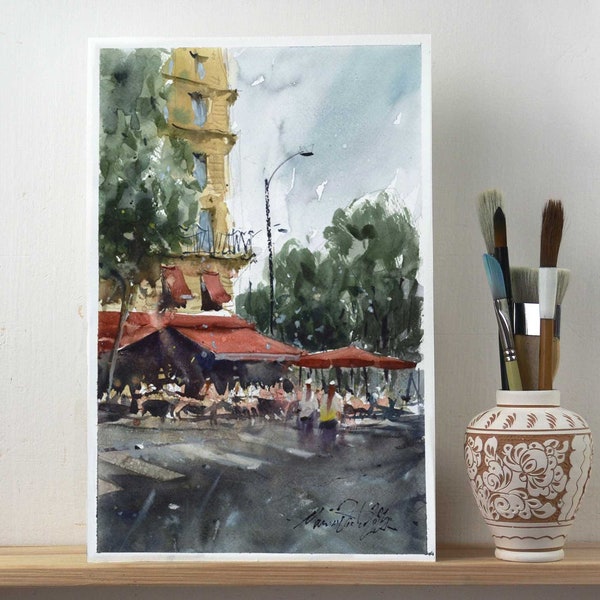 Scène parisienne, peinture à l'aquarelle de Paris Street Cafe. Art aquarelle des beaux-arts impressionnistes.