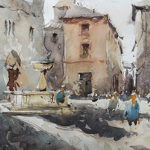 Village italien en Ombrie, Bevagna, Italie Aquarelle. Aquarelle urbaine.