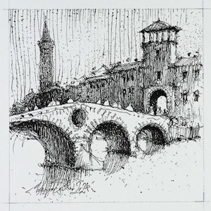 VERONA, Punta Pietra, Italien Urban Aquarell Malerei. Tusche, Gelstift und Aquarell auf Papier. Reise Urban Skizze Kunst.