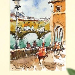Ponte Vecchio, Firenze, schizzo di strada urbana, dipinto originale a inchiostro e acquerello.