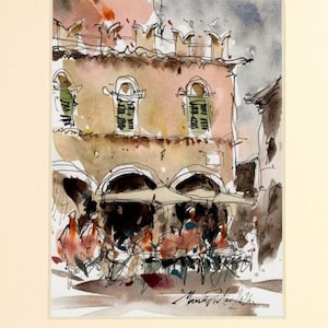 Ascoli Piceno Acquerello, Scena di un caffè, Piazza del Popolo, Schizzo di strada urbana Dipinto originale a inchiostro e acquerello.