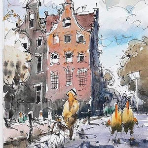Amsterdam watercolor painting, dip pen and watercolor wash, orginal artwork. Travel sketch. Amsterdam Houses Drawings..