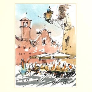 Il colorato Trastevere a Roma, schizzo di strada urbana, dipinto originale a inchiostro e acquerello.