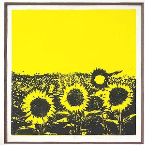 Stampa su linoleum &quot;Campo di girasoli gialli&quot;, opera d&#39;arte originale incisa su linoleum. Moderna opera d&#39;arte per la decorazione della casa.