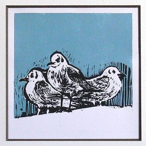 Seagulls, Original linocut fine art print. Framed Art.