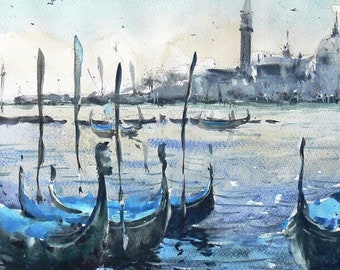 Venetian Watercolor Landscape, Venice in Blue, Gondolas Over The Canal Grande Watercolo Landscape Painting.