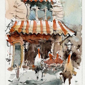 Café in Parijs, aquarel van Parijs. Urban Sketching Paris Aquarelle. Parijse stedelijke schetskunst.