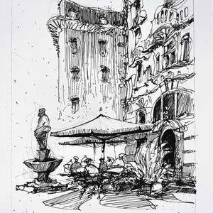 Vienna Ink Drawing: Cityscape Sketch, Original Art (5x7 inch unframed)