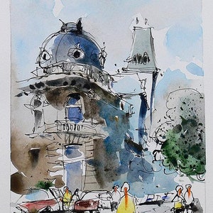 Boekarest, Roemeense steden die in waterverf schilderen. Artistieke stadslandschappen geschilderd in aquarel. Reisschetsen met inkt en pen.