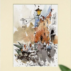 Original Aquarellmalerei von Trastevere-Rom in Italien. Straßenszene Cafe aus Trastevere. Kleines impressionistisches Kunstwerk.
