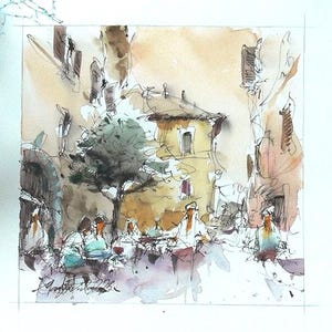 Trastevere Street Scene Watercolor and Ink Painting. Travel Urban Sketch Art. Wall Art Home Decoration.