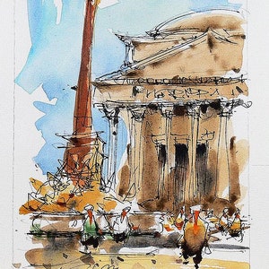 Watercolor of Rome Piazza della Rotonda, original ink pen drawing sketch. Urban sketching. Acquerelli di Roma.