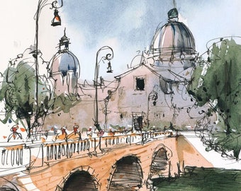 Rome, Bridge over Tibre, Landscape, Cityscape, Ink and watercolor wash sketch painting. Acquarelli Urbani. Colorful artistic small artwork.